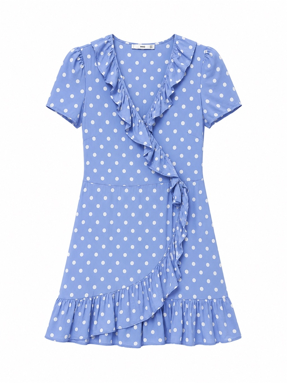 Mango Light Blue and White Polka Dot Ruffle Wrap Dress